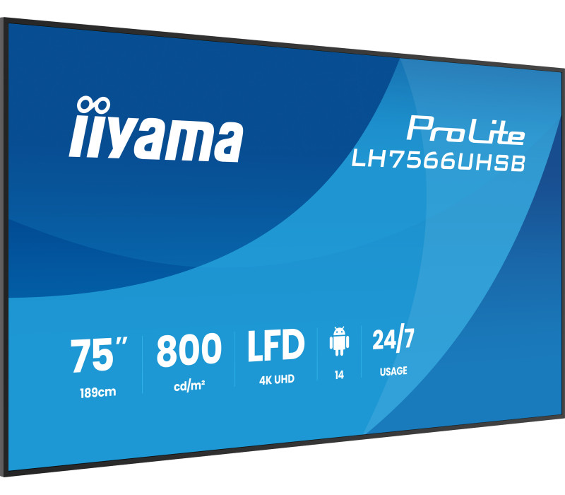 Digitálna reklama iiyama LH7566UHSB-B1AG 75" 4K UHD 800 cd/m² iiSignage², iiControl, iiShare, 24/7, Wi-Fi, Android 14